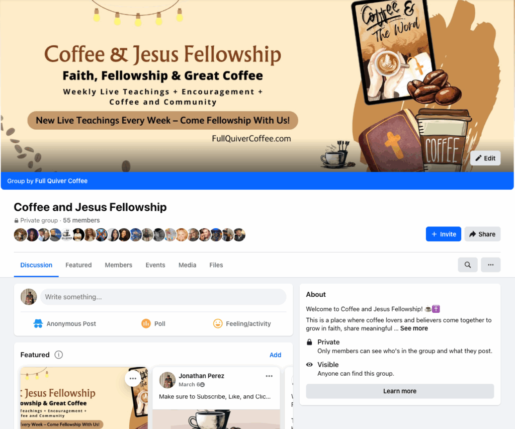 Coffee and Jesus Fellowship Facebook group page